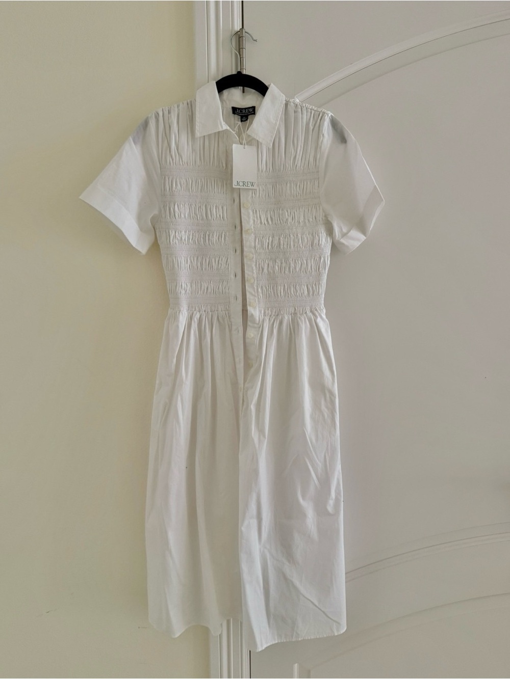 J. Crew White Smocked Midi Shirt Dress
